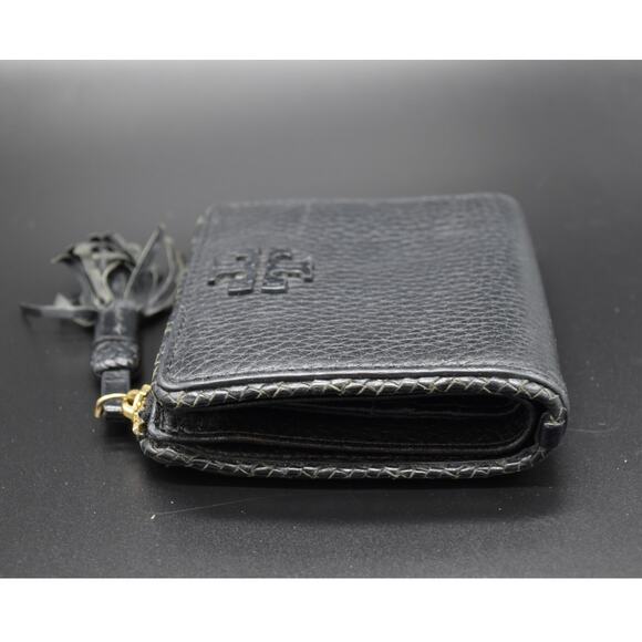 Tory Burch Black Bifold Women's Wallet Tassel Pebbled Leather - Picture 4 of 10